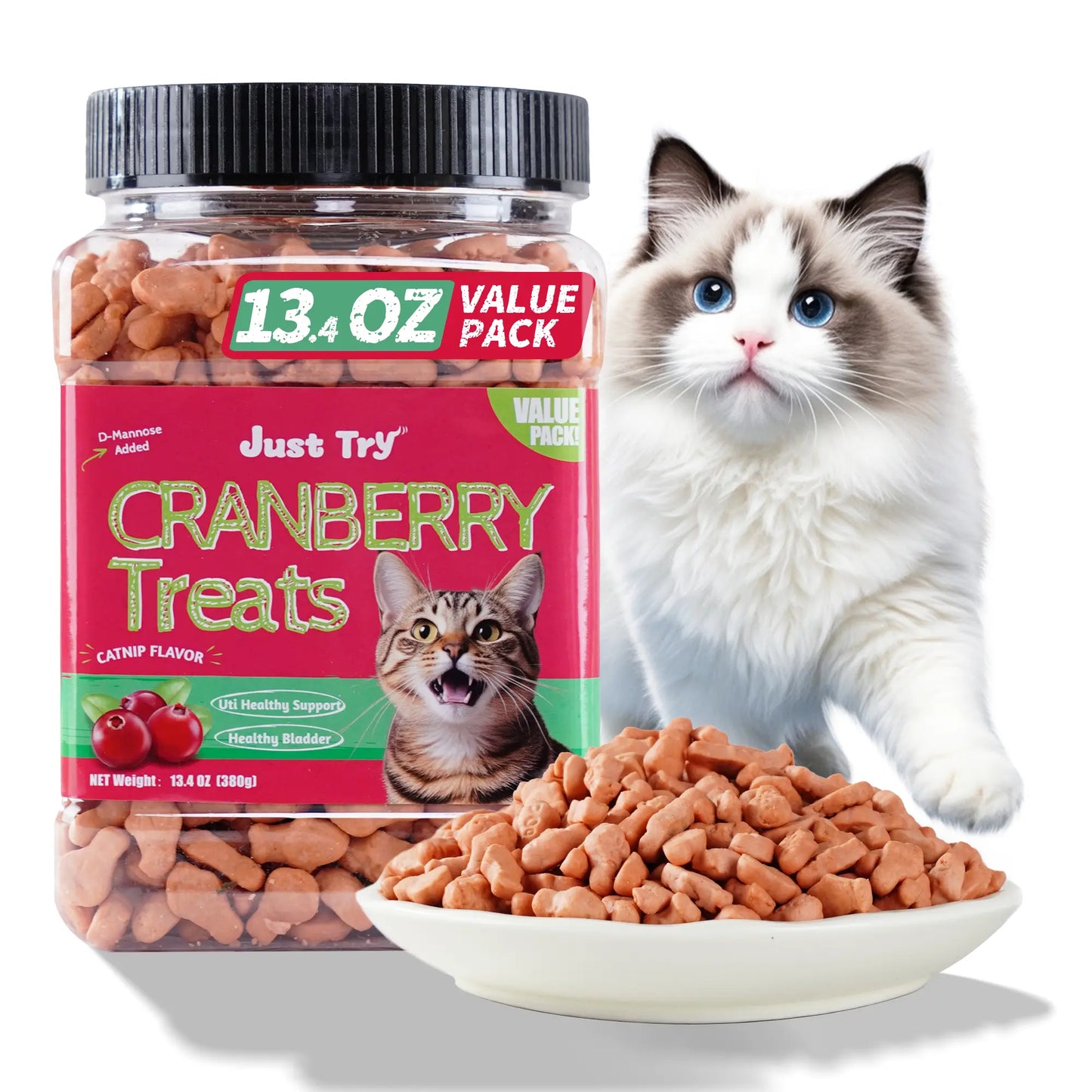 JUSTTRY Cranberry Cat Treats –Cranberry & D-Mannose for Urinary Tract Health & Kidney Support,13.4oz