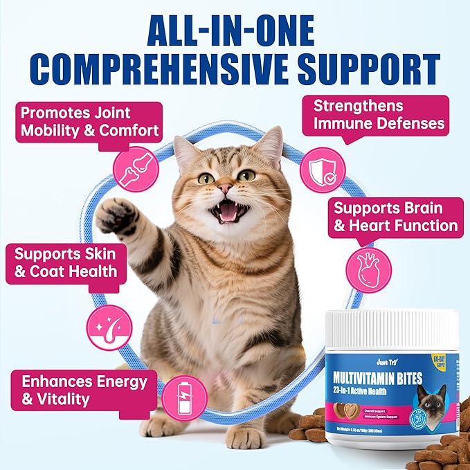 JUSTTRY Cat Multivitamin Bites – 300 Bites, Taurine, Lysine & Omega-3 Fish Oil Daily Supplements for Immune, Skin, Coat & Heart Support, 6.35oz
