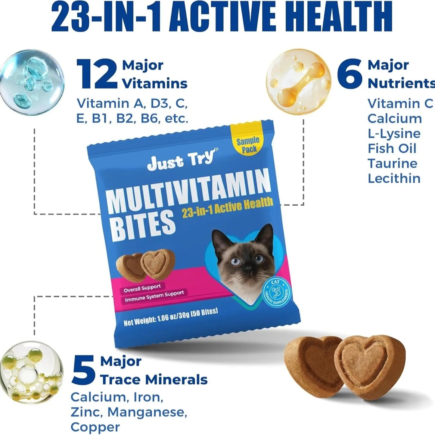 JUSTTRY Cat Multivitamin Bites – 300 Bites, Taurine, Lysine & Omega-3 Fish Oil Daily Supplements for Immune, Skin, Coat & Heart Support, 6.35ozCat Supplements