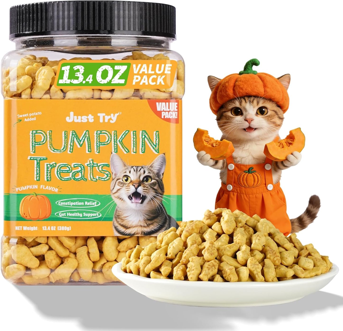 JUSTTRY Pumpkin Cat Treats –Rich in Fibre and Low-Calorie Digestive Snacks for constipation relief, 13.4ozCat Treats