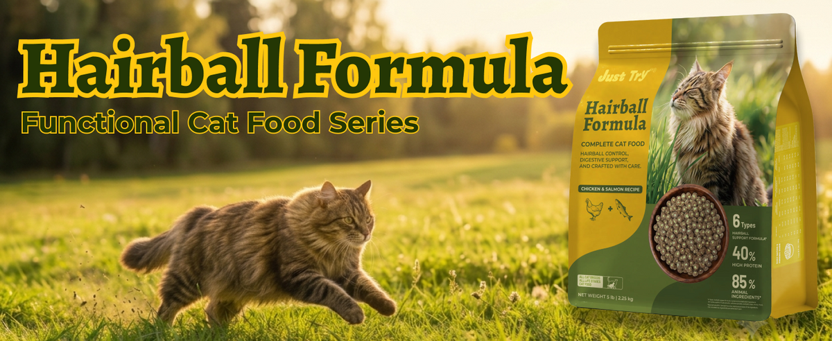 Just Try Hairball Control Cat Food, 5 lb – High-Protein Chicken & Salmon Dry Cat Food with Cat Grass, Pumpkin & Psyllium
