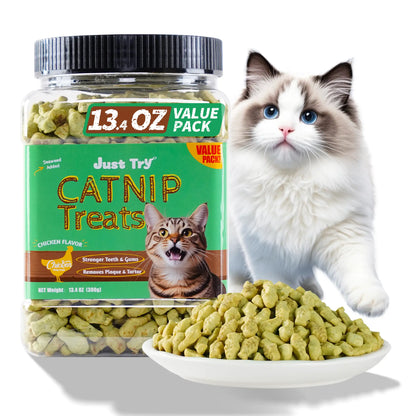 JUSTTRY Catnip Cat Treats | Chicken-Flavored Training Biscuits | Dental & Hairball Support | 13.4oz