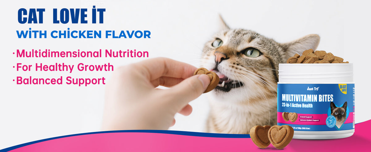 JUSTTRY Cat Multivitamin Bites – 300 Bites, Taurine, Lysine & Omega-3 Fish Oil Daily Supplements for Immune, Skin, Coat & Heart Support, 6.35oz