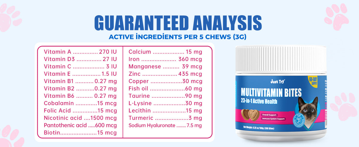 JUSTTRY Cat Multivitamin Bites – 300 Bites, Taurine, Lysine & Omega-3 Fish Oil Daily Supplements for Immune, Skin, Coat & Heart Support, 6.35oz