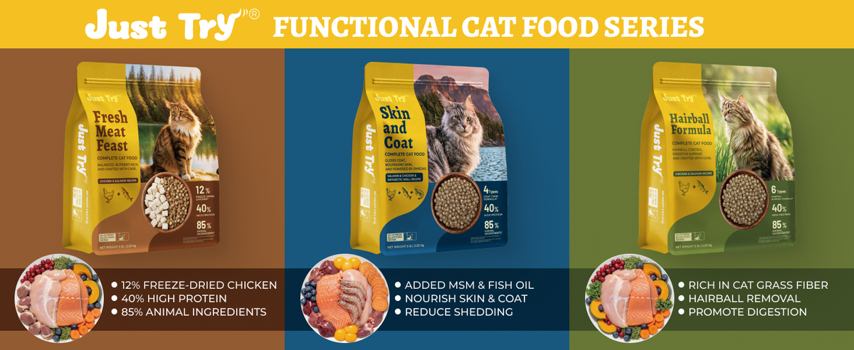 Just Try Hairball Control Cat Food, 5 lb – High-Protein Chicken & Salmon Dry Cat Food with Cat Grass, Pumpkin & Psyllium