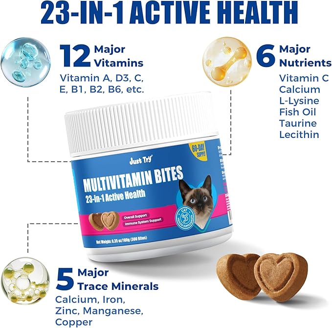 JUSTTRY Cat Multivitamin Bites – 300 Bites, Taurine, Lysine & Omega-3 Fish Oil Daily Supplements for Immune, Skin, Coat & Heart Support, 6.35oz