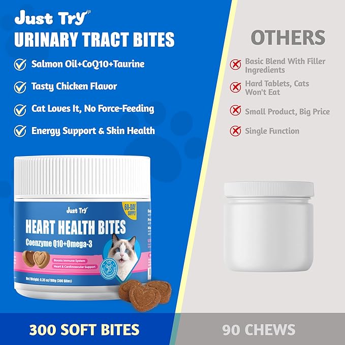 JUSTTRY CoQ10 Heart Support Bites – Chicken-Flavored Chews with CoQ10 & Taurine for Cats, 300 Count
