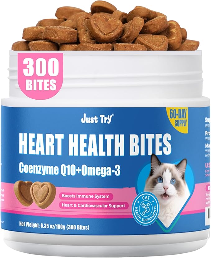 JUSTTRY CoQ10 Heart Support Bites – Chicken-Flavored Chews with CoQ10 & Taurine for Cats, 300 Count