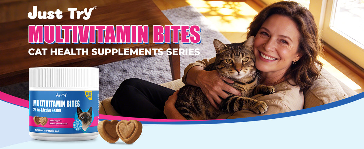 JUSTTRY Cat Multivitamin Bites – 300 Bites, Taurine, Lysine & Omega-3 Fish Oil Daily Supplements for Immune, Skin, Coat & Heart Support, 6.35oz