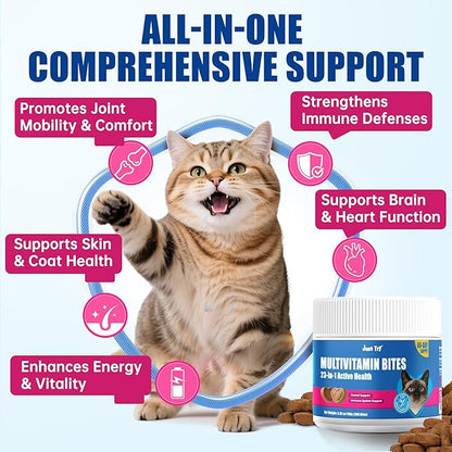 JUSTTRY Cat Multivitamin Bites – 300 Bites, Taurine, Lysine & Omega-3 Fish Oil Daily Supplements for Immune, Skin, Coat & Heart Support, 6.35oz