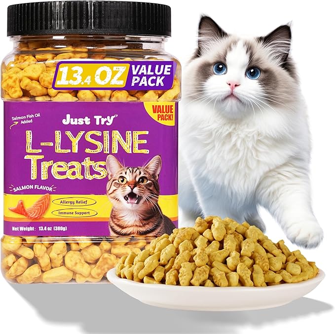 Just Try 13.4oz Lysine Cat Treats Natural Salmon Flavor Daily Wellness Dental Biscuits for Cats Kittens