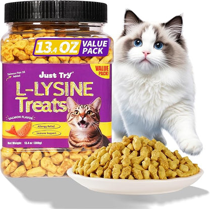 Just Try 13.4oz Lysine Cat Treats Natural Salmon Flavor Daily Wellness Dental Biscuits for Cats Kittens