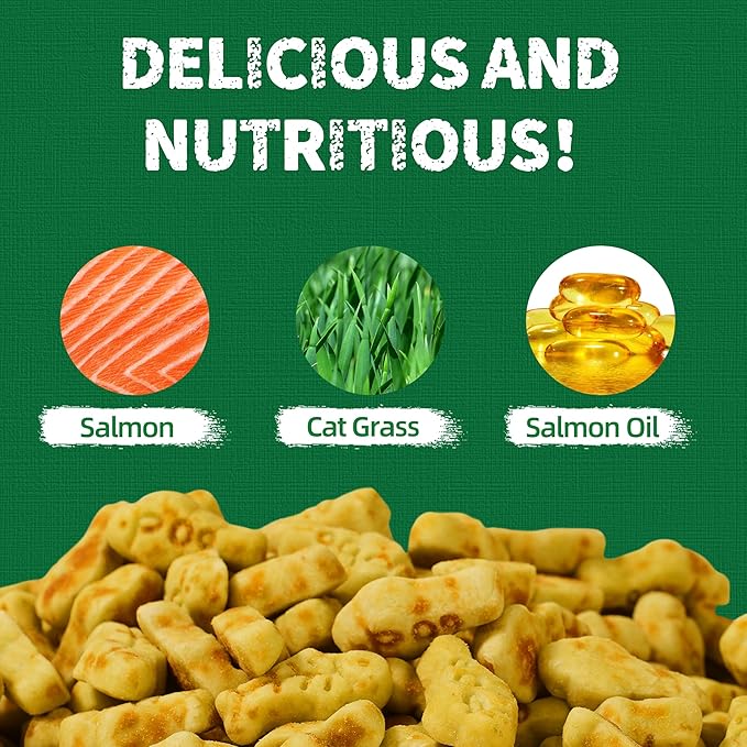 Just Try 13.4oz Cat Grass Treats | Salmon Oil Biscuits | Natural Salmon Kitten Snacks | Omega 3 for Skin Coat & Joint Support | Training Treats