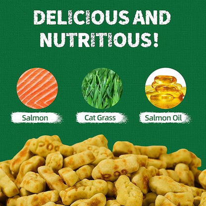 Just Try 13.4oz Cat Grass Treats | Salmon Oil Biscuits | Natural Salmon Kitten Snacks | Omega 3 for Skin Coat & Joint Support | Training Treats