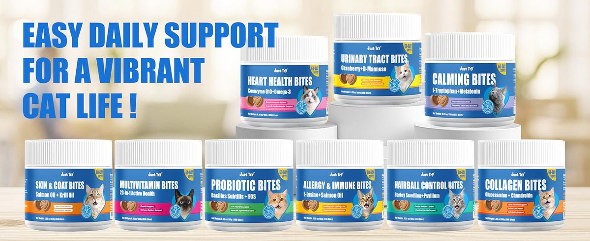 JUSTTRY Cat Multivitamin Bites – 300 Bites, Taurine, Lysine & Omega-3 Fish Oil Daily Supplements for Immune, Skin, Coat & Heart Support, 6.35oz