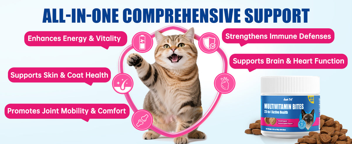 JUSTTRY Cat Multivitamin Bites – 300 Bites, Taurine, Lysine & Omega-3 Fish Oil Daily Supplements for Immune, Skin, Coat & Heart Support, 6.35oz