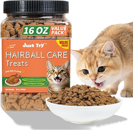 Just Try Hairball Cat Treats | Chicken Flavor Digestive Support Biscuits for CatsJust Try