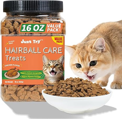 Just Try Hairball Cat Treats | Chicken Flavor Digestive Support Biscuits for CatsJust Try