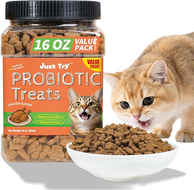Just Try Probiotic Cat Treats 16 oz | Chicken Flavor Digestive Support Biscuits for Cats & KittensJust Try