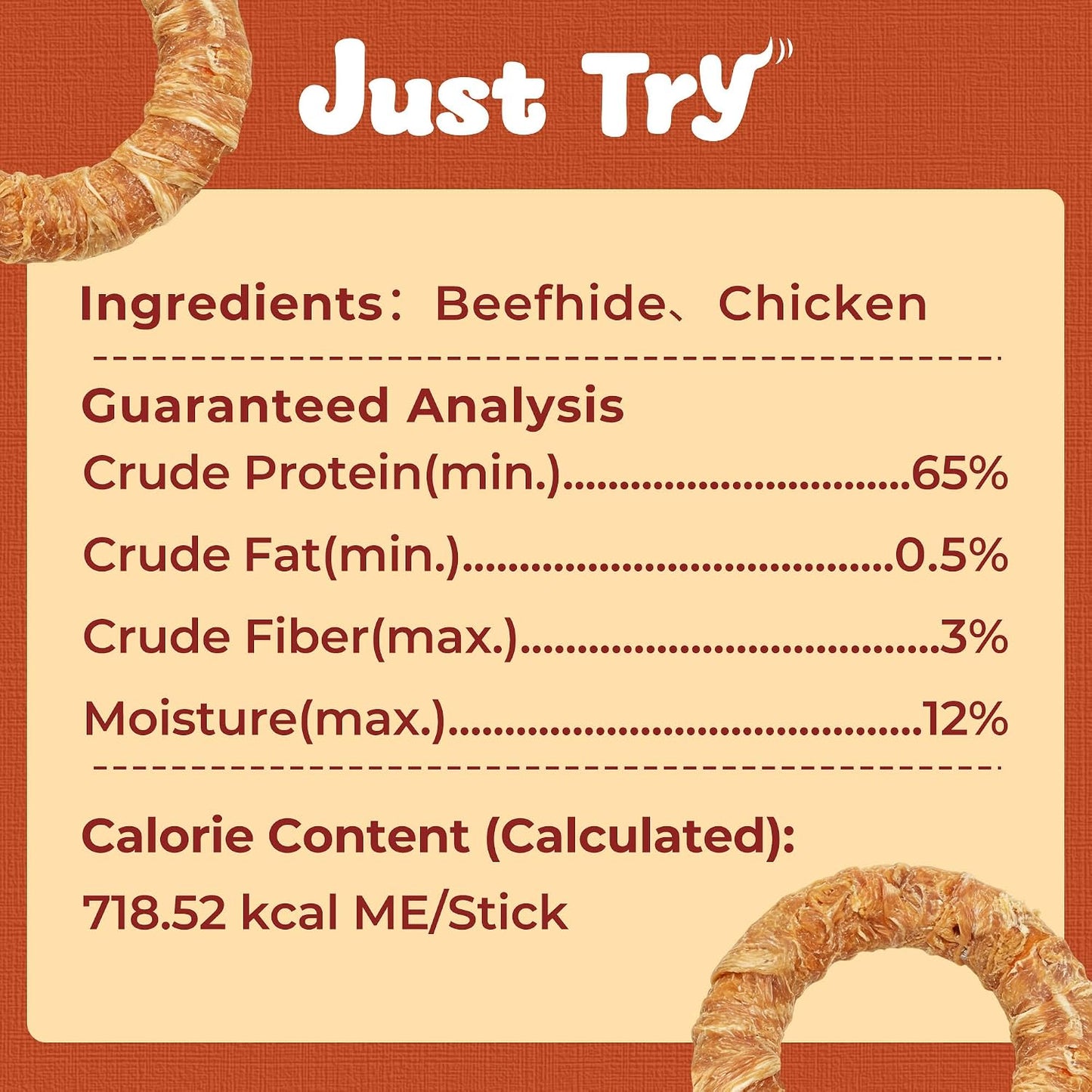 Just Try 7.87" Dog Donut | Chicken Wrapped Rawhide Ring Chew for Medium & Large DogsDogs Chews Sticks