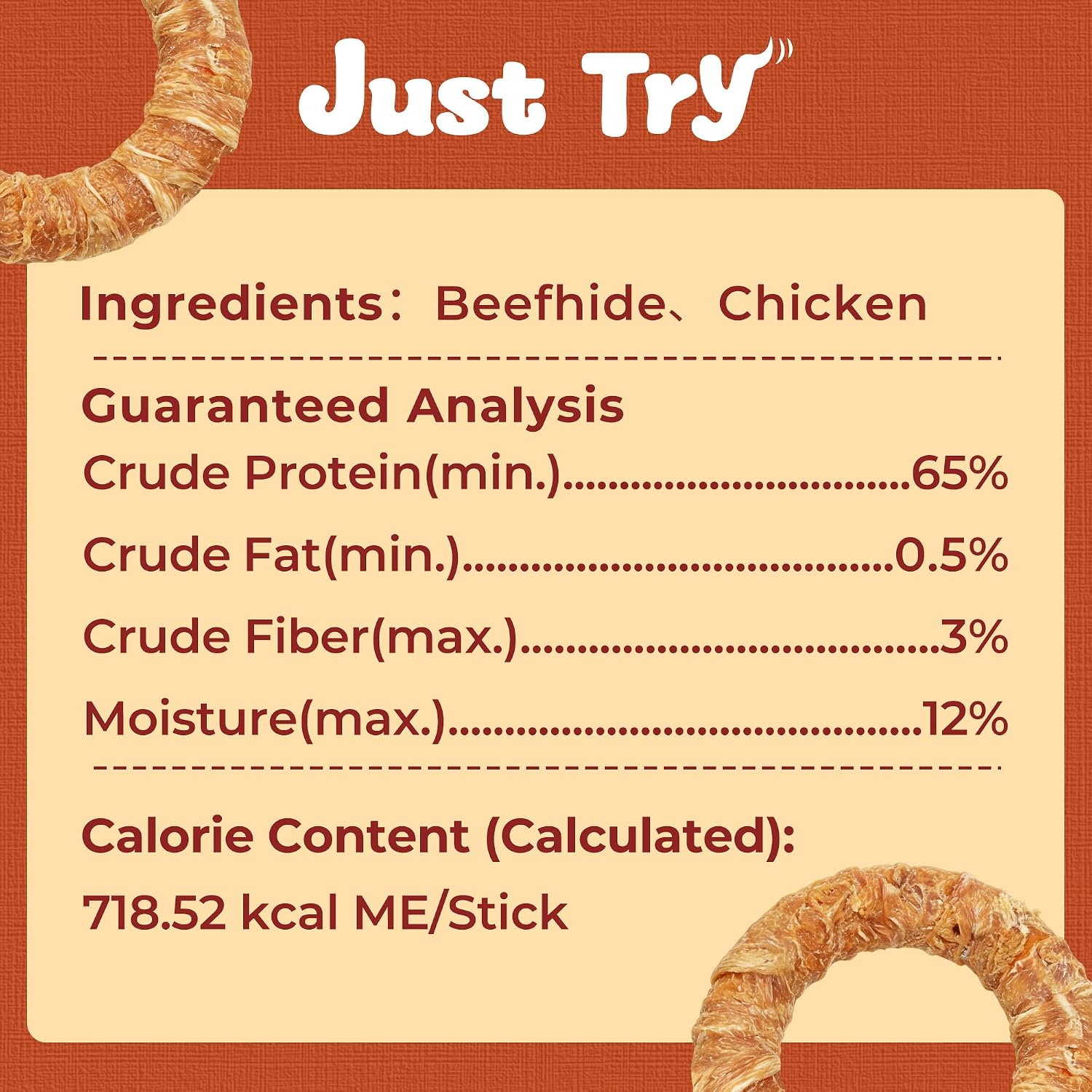 Just Try 7.87" Dog Donut | Chicken Wrapped Rawhide Ring Chew for Medium & Large DogsDogs Chews Sticks