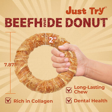 Just Try 7.87" Dog Donut | Chicken Wrapped Rawhide Ring Chew for Medium & Large DogsDogs Chews Sticks