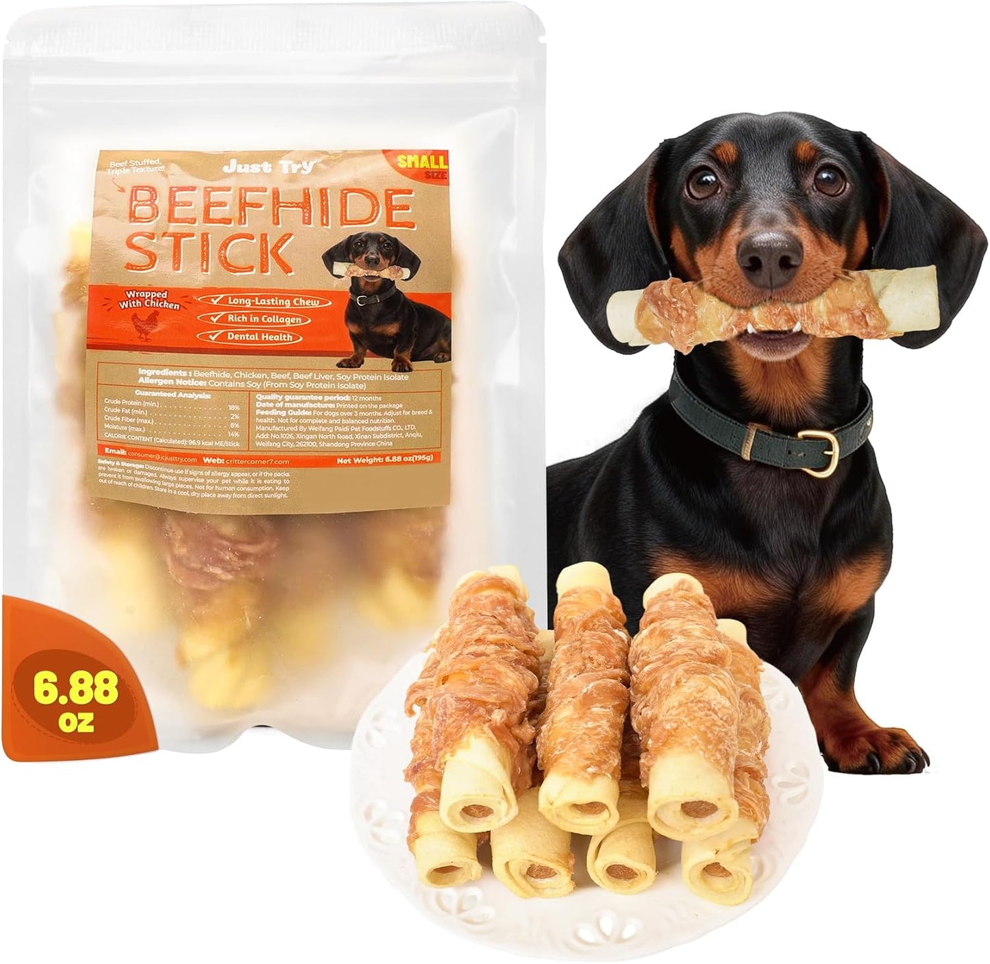 Just Try Beefhide Stick 4.72" | Chicken Wrapped Rawhide Dog Chews for Small & Medium DogsDogs Chews Sticks