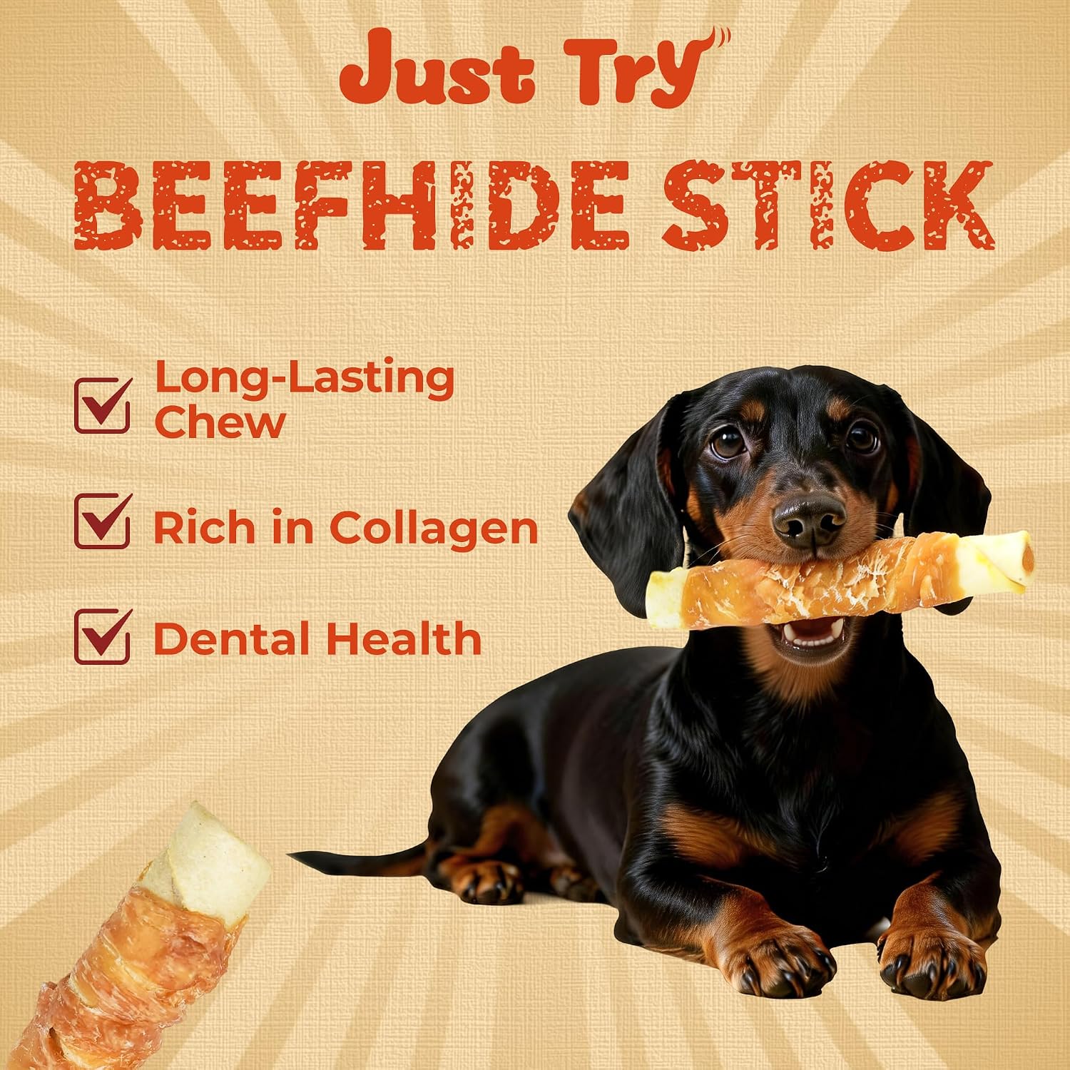 Just Try Beefhide Stick 4.72" | Chicken Wrapped Rawhide Dog Chews for Small & Medium DogsDogs Chews Sticks