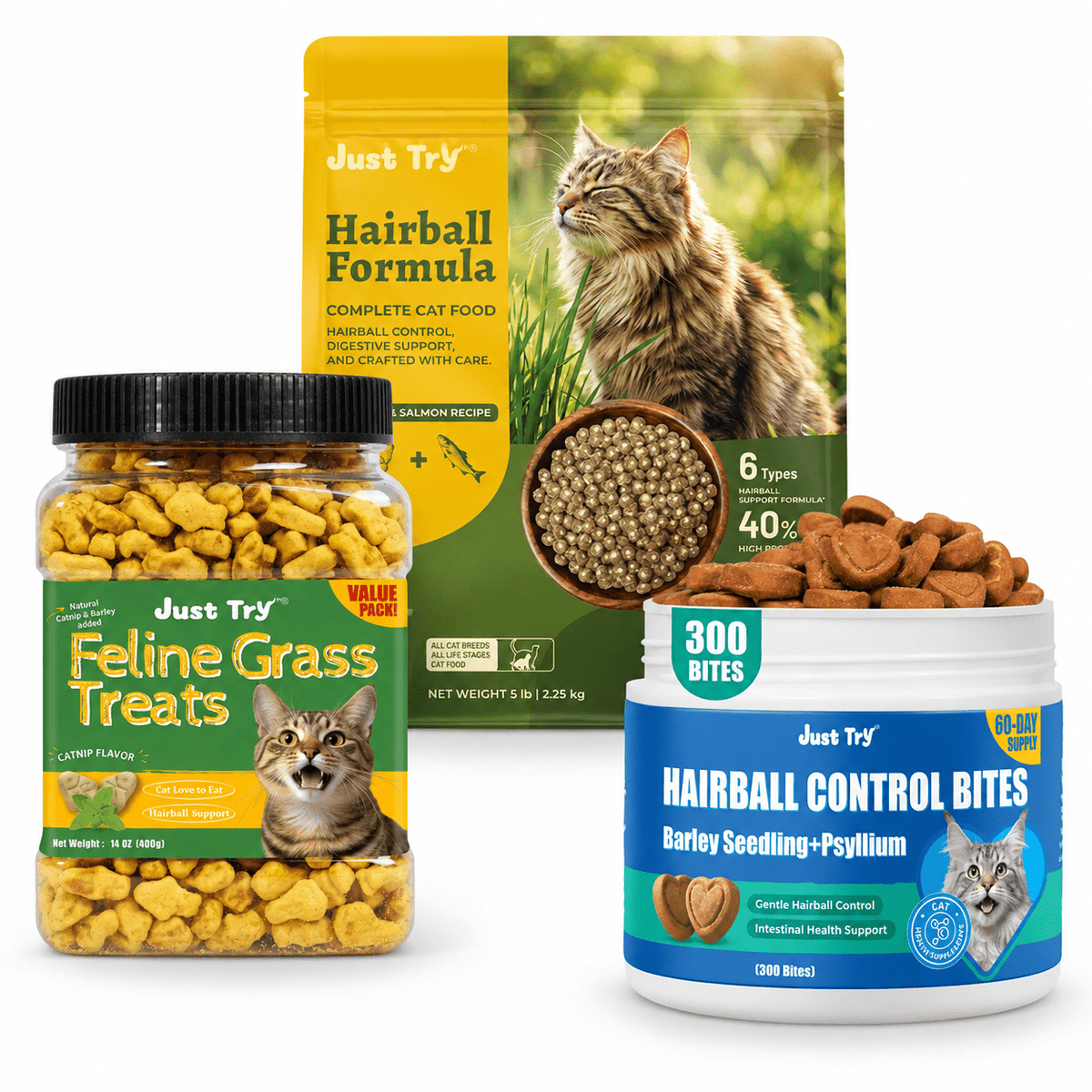 Just Try Cat Hairball Care Bundle – Cat Grass Treats with Hairball Control Food or Daily Hairball Support