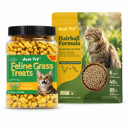 Just Try Cat Hairball Care Bundle – Cat Grass Treats with Hairball Control Food or Daily Hairball Support