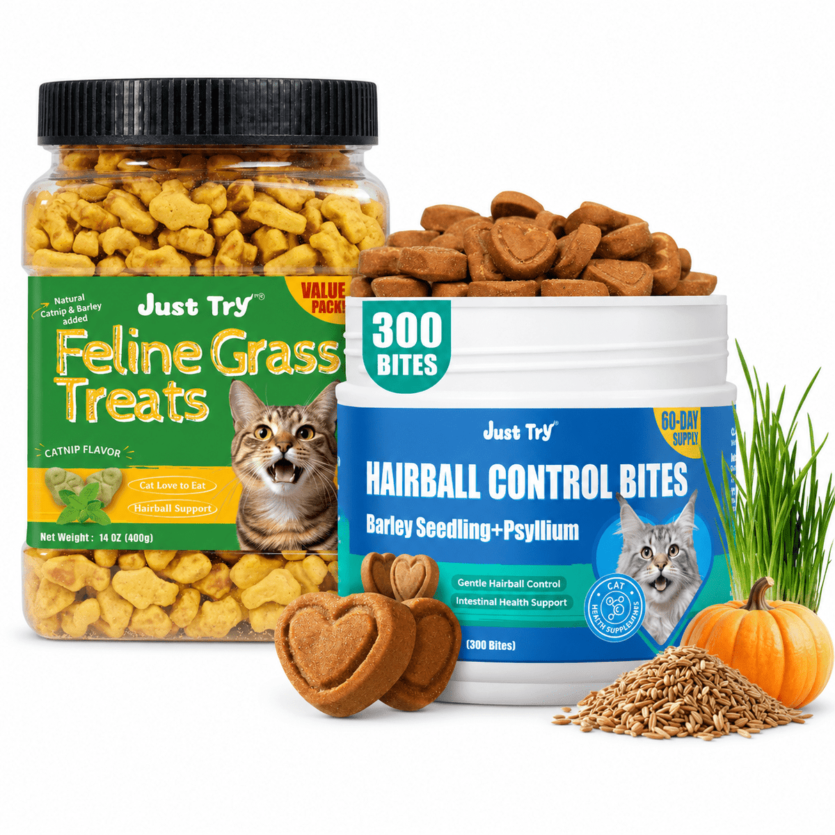 Just Try Cat Hairball Care Bundle – Cat Grass Treats with Hairball Control Food or Daily Hairball Support