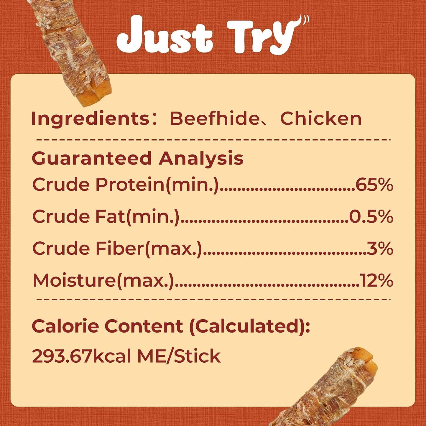 Just Try Chicken Wrapped Rawhide Dog Chew Sticks 10.6" | Long Lasting Dental Chews for DogsDogs Chews Sticks