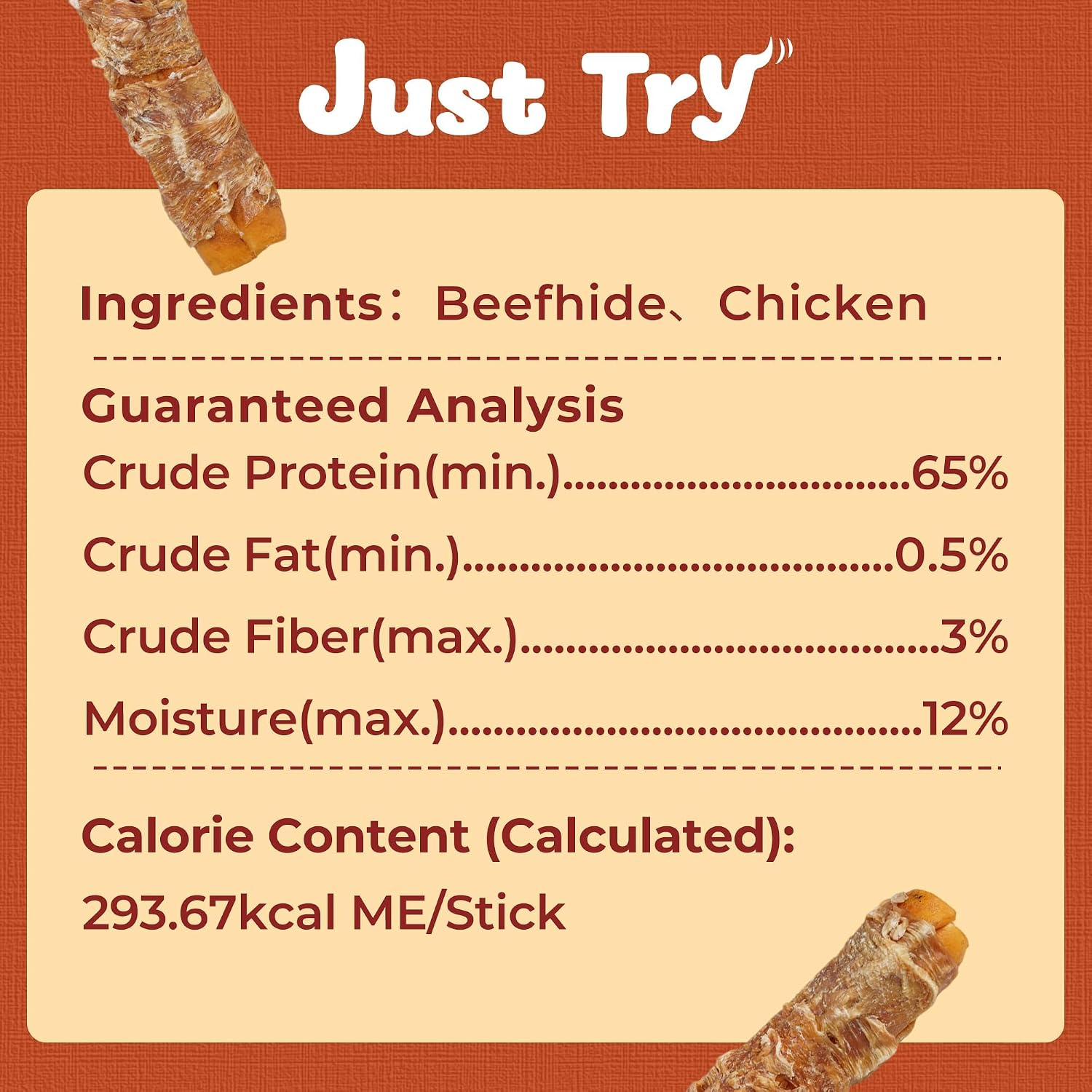 Just Try Chicken Wrapped Rawhide Dog Chew Sticks 10.6" | Long Lasting Dental Chews for DogsDogs Chews Sticks
