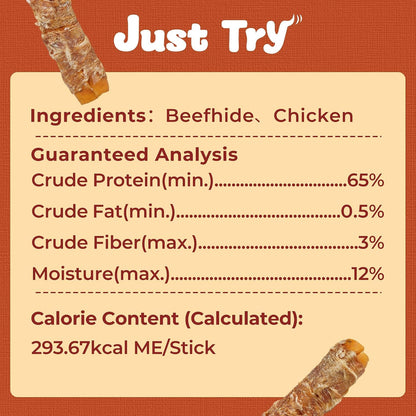 Just Try Chicken Wrapped Rawhide Dog Chew Sticks 10.6" | Long Lasting Dental Chews for DogsDogs Chews Sticks