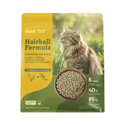 Just Try Hairball Control Cat Food, 5 lb – High-Protein Chicken & Salmon Dry Cat Food with Cat Grass, Pumpkin & PsylliumCat Food