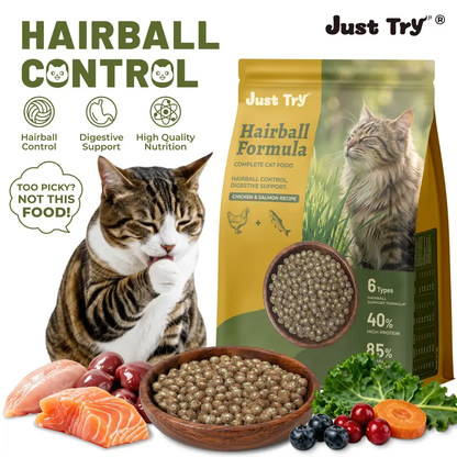 Just Try Hairball Control Cat Food, 5 lb – High-Protein Chicken & Salmon Dry Cat Food with Cat Grass, Pumpkin & PsylliumCat Food