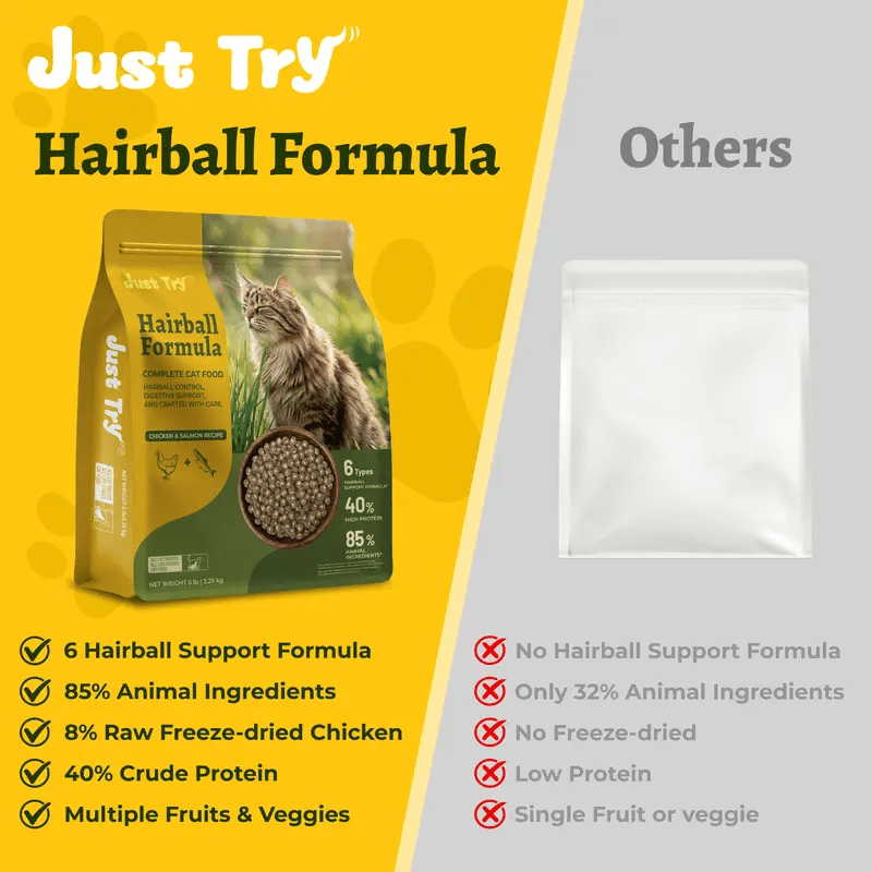 Just Try Hairball Control Cat Food, 5 lb – High-Protein Chicken & Salmon Dry Cat Food with Cat Grass, Pumpkin & PsylliumCat Food