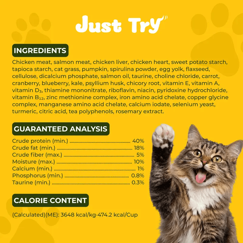 Just Try Hairball Control Cat Food, 5 lb – High-Protein Chicken & Salmon Dry Cat Food with Cat Grass, Pumpkin & PsylliumCat Food