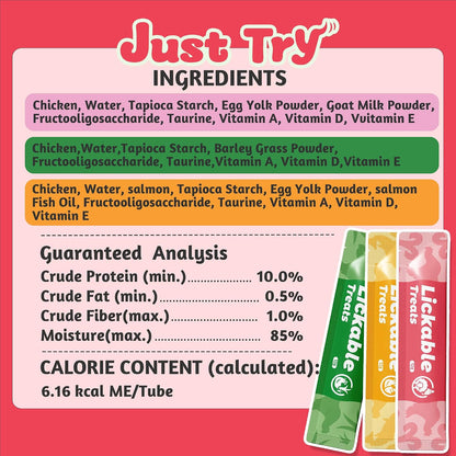 Just Try Lickable Cat Treats Variety Pack – Taurine & Vitamin E Cat Snack with Cat Grass & Omega 3Cat lickable