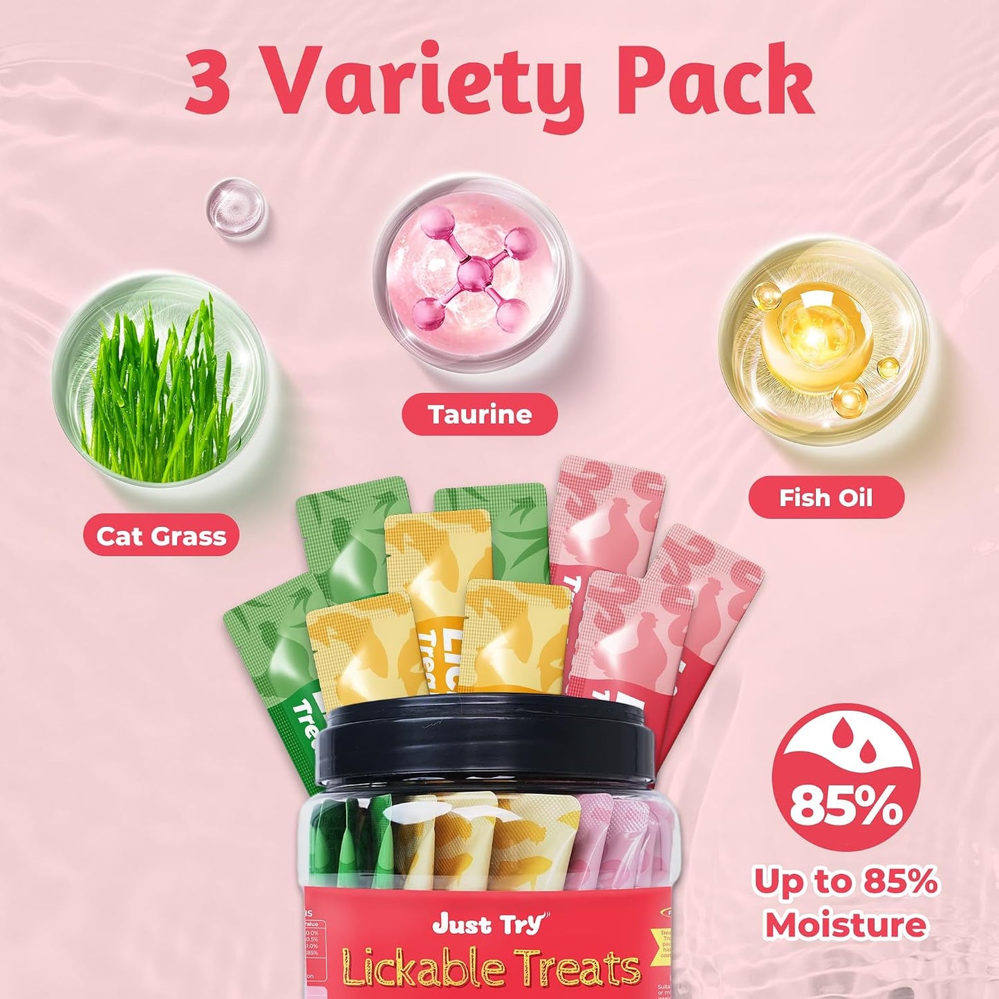 Just Try Lickable Cat Treats Variety Pack – Taurine & Vitamin E Cat Snack with Cat Grass & Omega 3Cat lickable
