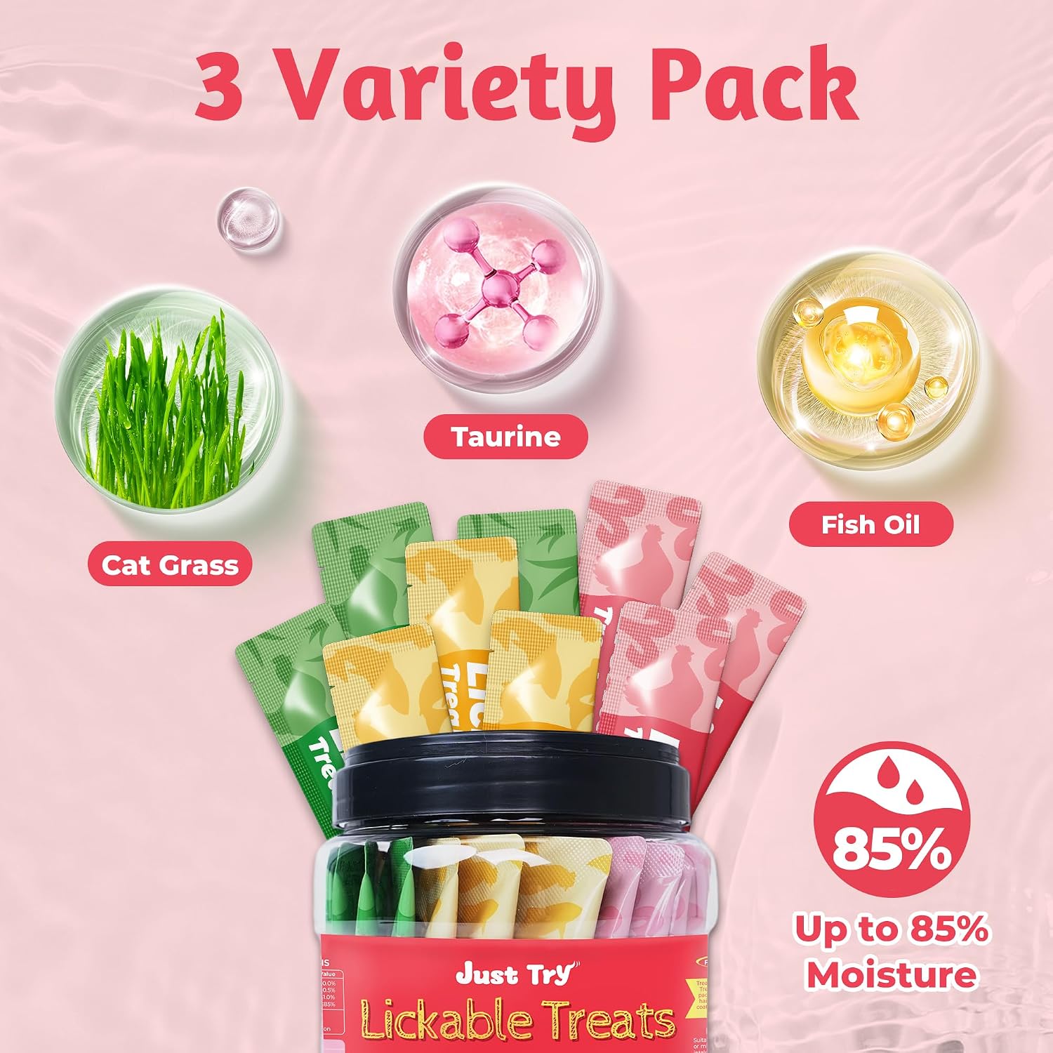 Just Try Lickable Cat Treats Variety Pack – Taurine & Vitamin E Cat Snack with Cat Grass & Omega 3Cat lickable