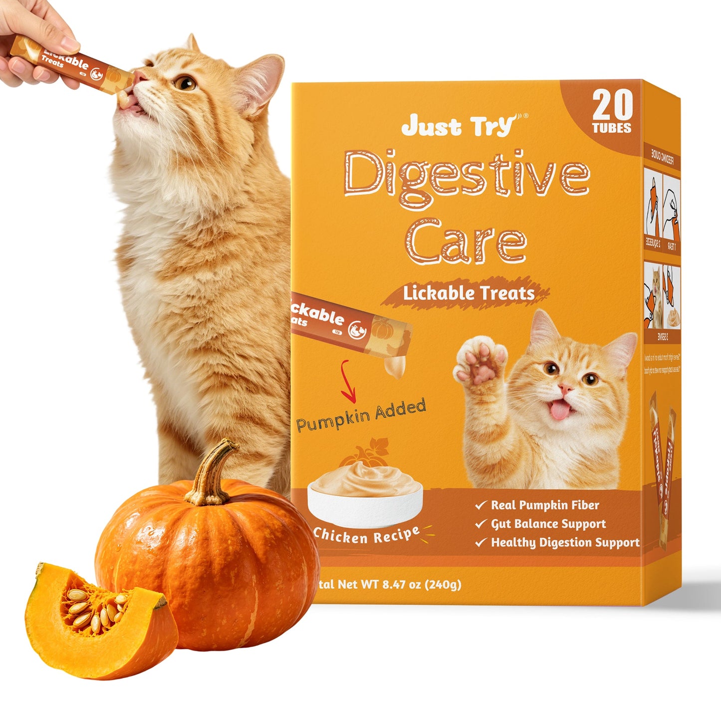 Just Try Pumpkin Lickable Cat Treats – Digestive Care, Taurine & FOS, 20 TubesCat lickable