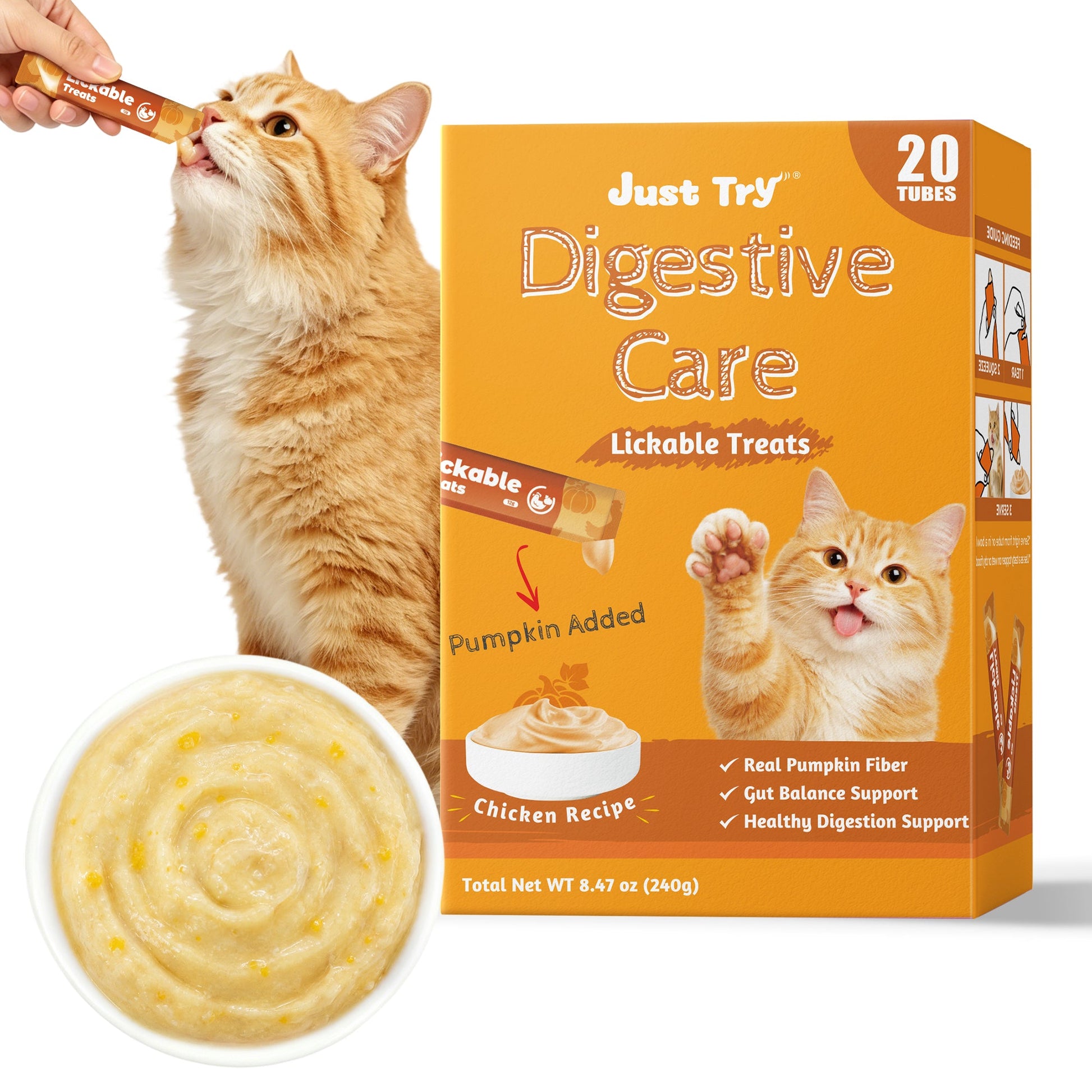 Just Try Pumpkin Lickable Cat Treats – Digestive Care, Taurine & FOS, 20 TubesCat lickable