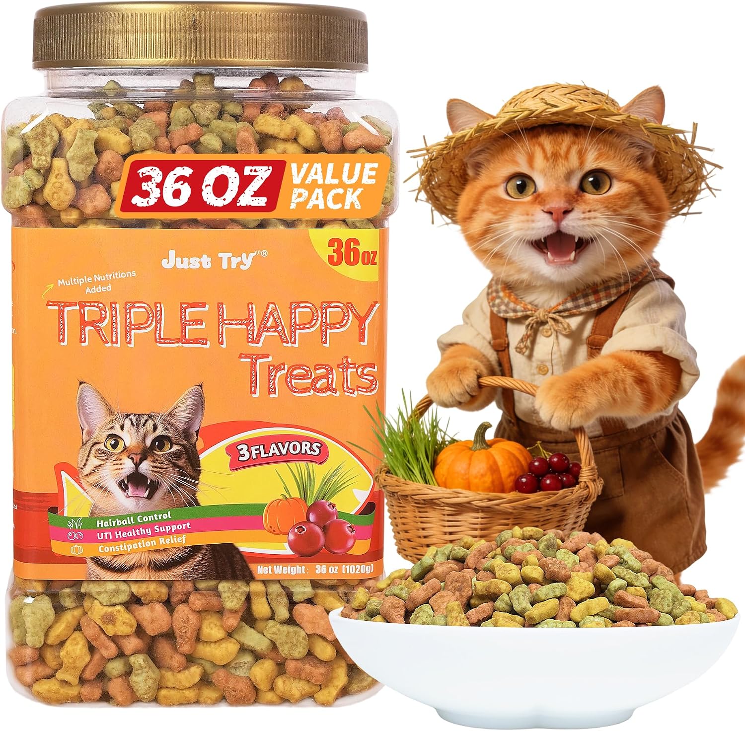 Just Try Triple Happy Crunchy Cat Treats Variety Pack – 3 Flavors, 36 ozCat Treats