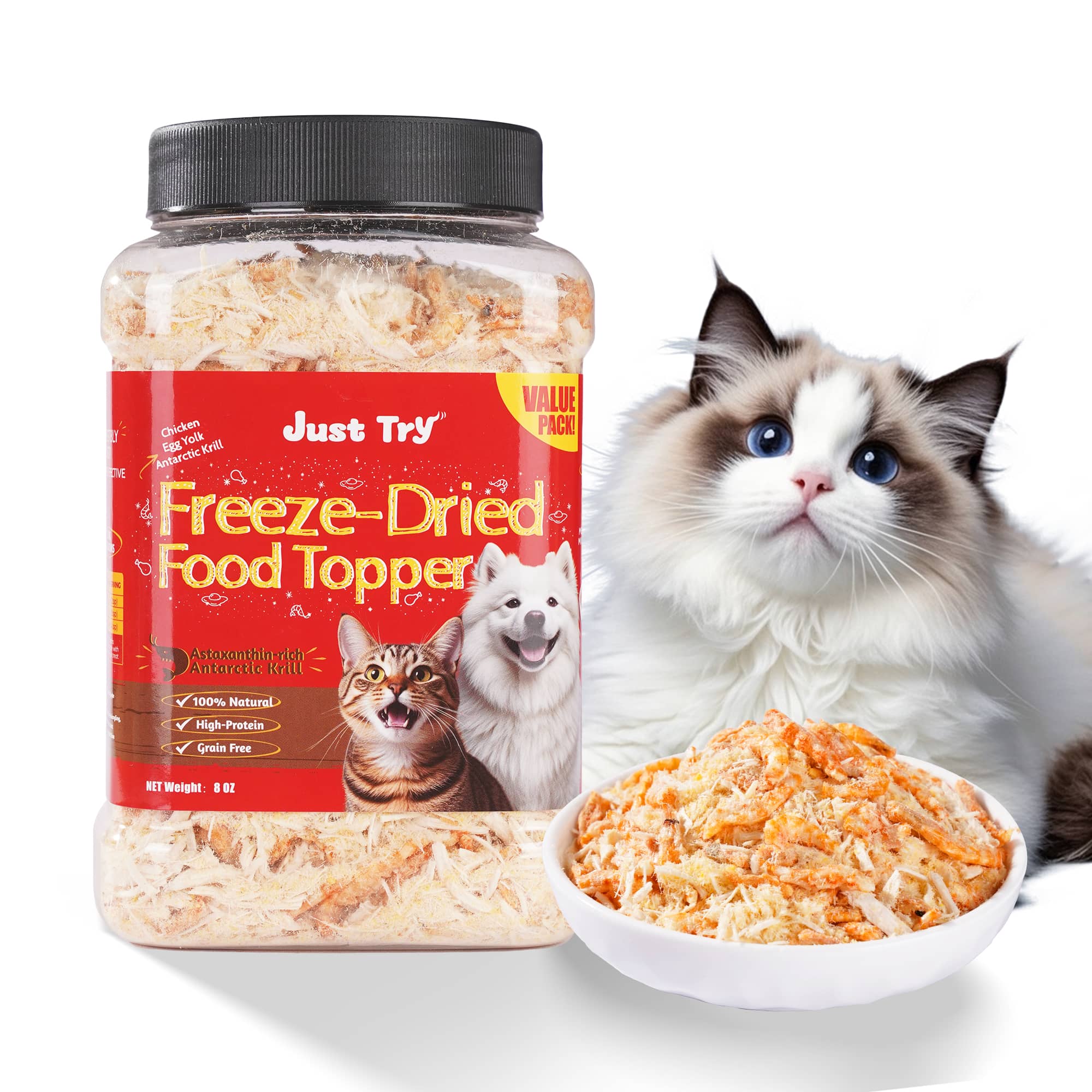 JUSTTRY Antarctic Krill Freeze-Dried Food Topper – Chicken, Egg Yolk, Antarctic Krill, High Protein & Low Fat Cat Treats for Dogs & Cats, 8oz