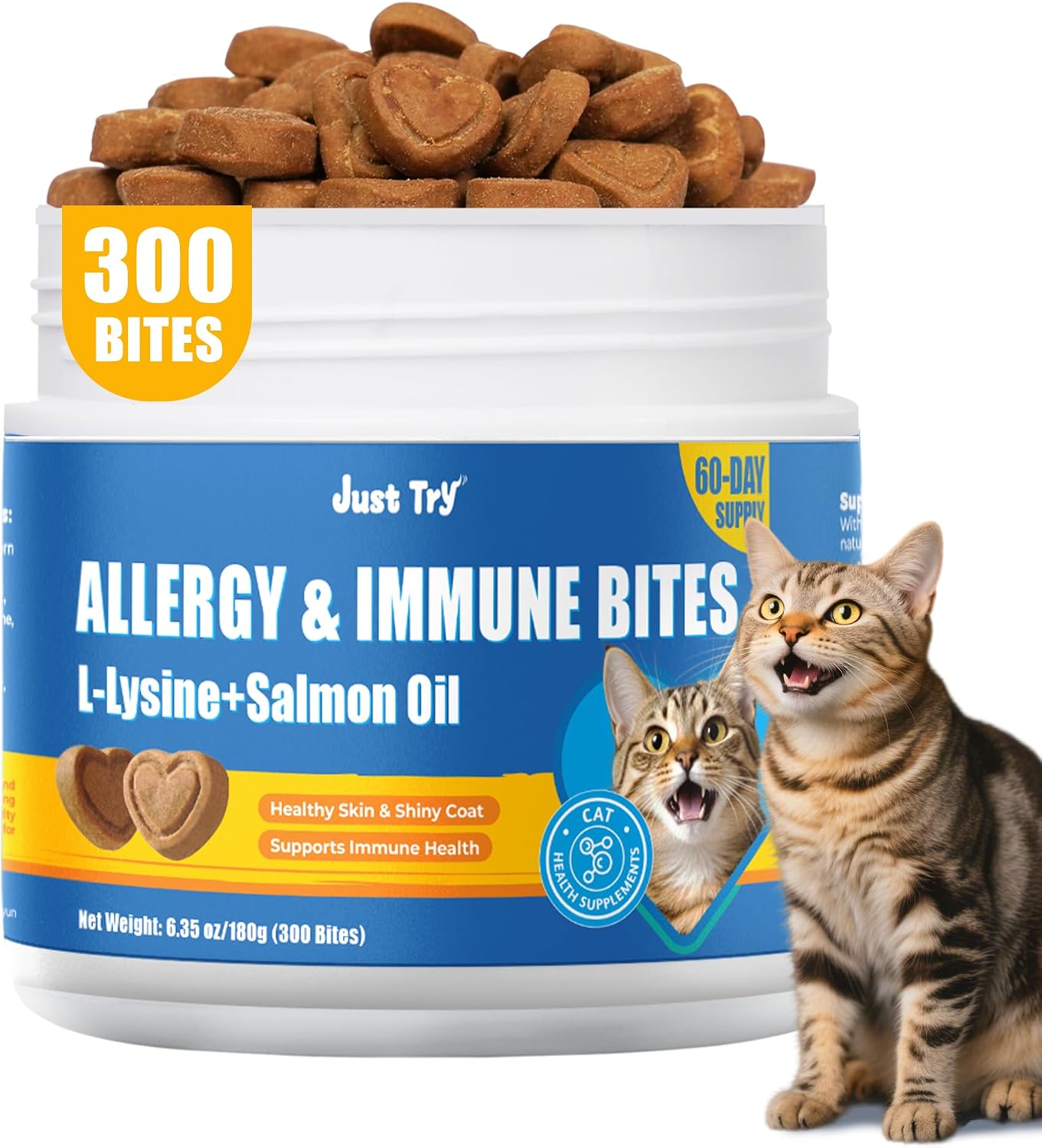 JUSTTRY Cat Allergy & Immune Bites Cat Supplements – Chicken Flavor with L-Lysine For Cats for Itchy Skin Relief & Immune Support, 6.35oz, 300 BitesCat Supplements