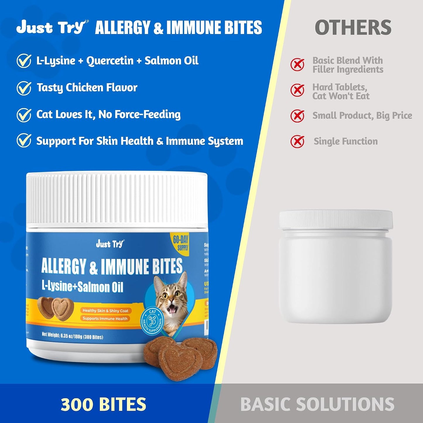 JUSTTRY Cat Allergy & Immune Bites Cat Supplements – Chicken Flavor with L-Lysine For Cats for Itchy Skin Relief & Immune Support, 6.35oz, 300 BitesCat Supplements