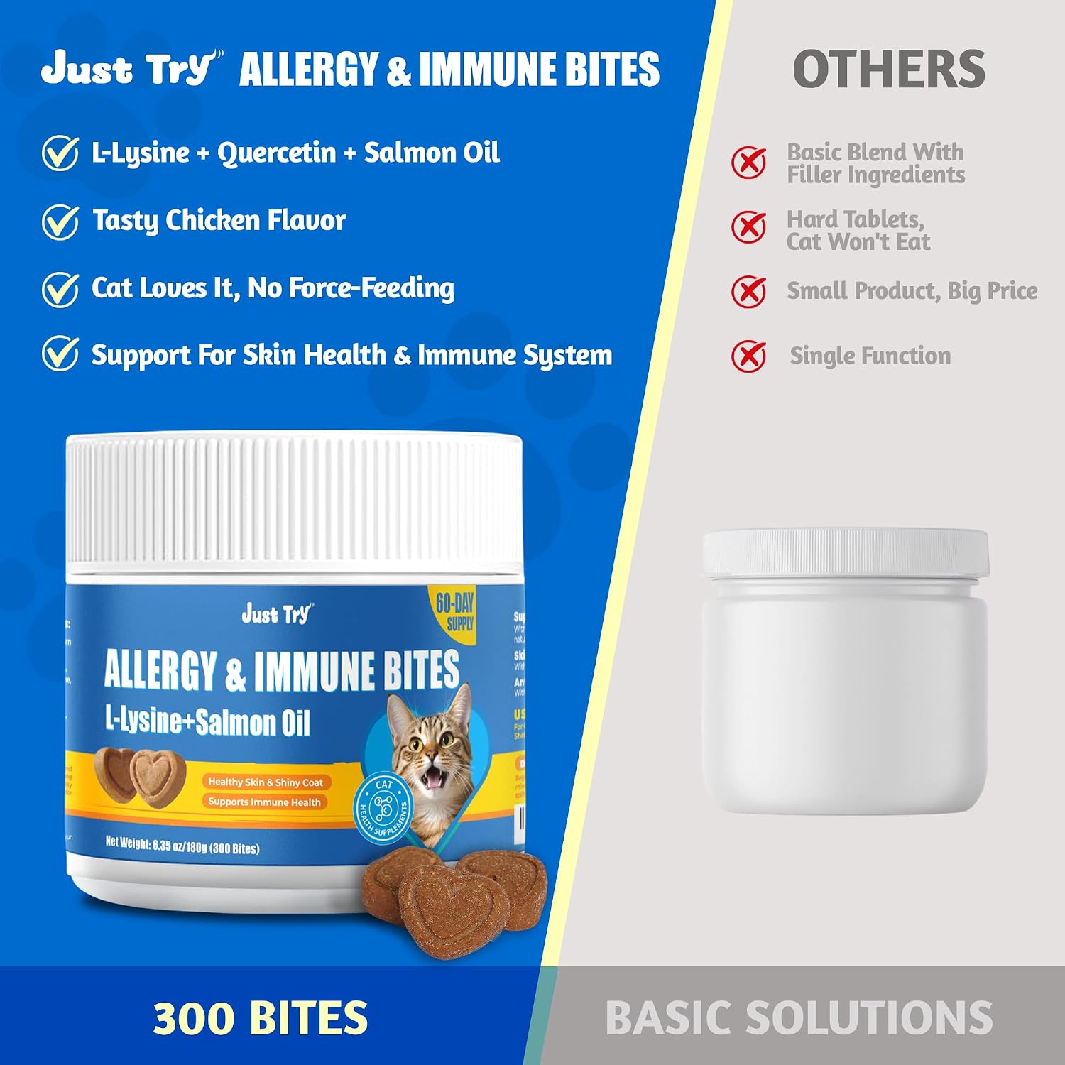 JUSTTRY Cat Allergy & Immune Bites Cat Supplements – Chicken Flavor with L-Lysine For Cats for Itchy Skin Relief & Immune Support, 6.35oz, 300 BitesCat Supplements