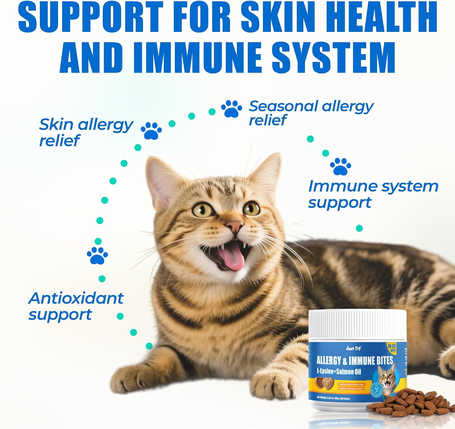 JUSTTRY Cat Allergy & Immune Bites Cat Supplements – Chicken Flavor with L-Lysine For Cats for Itchy Skin Relief & Immune Support, 6.35oz, 300 BitesCat Supplements