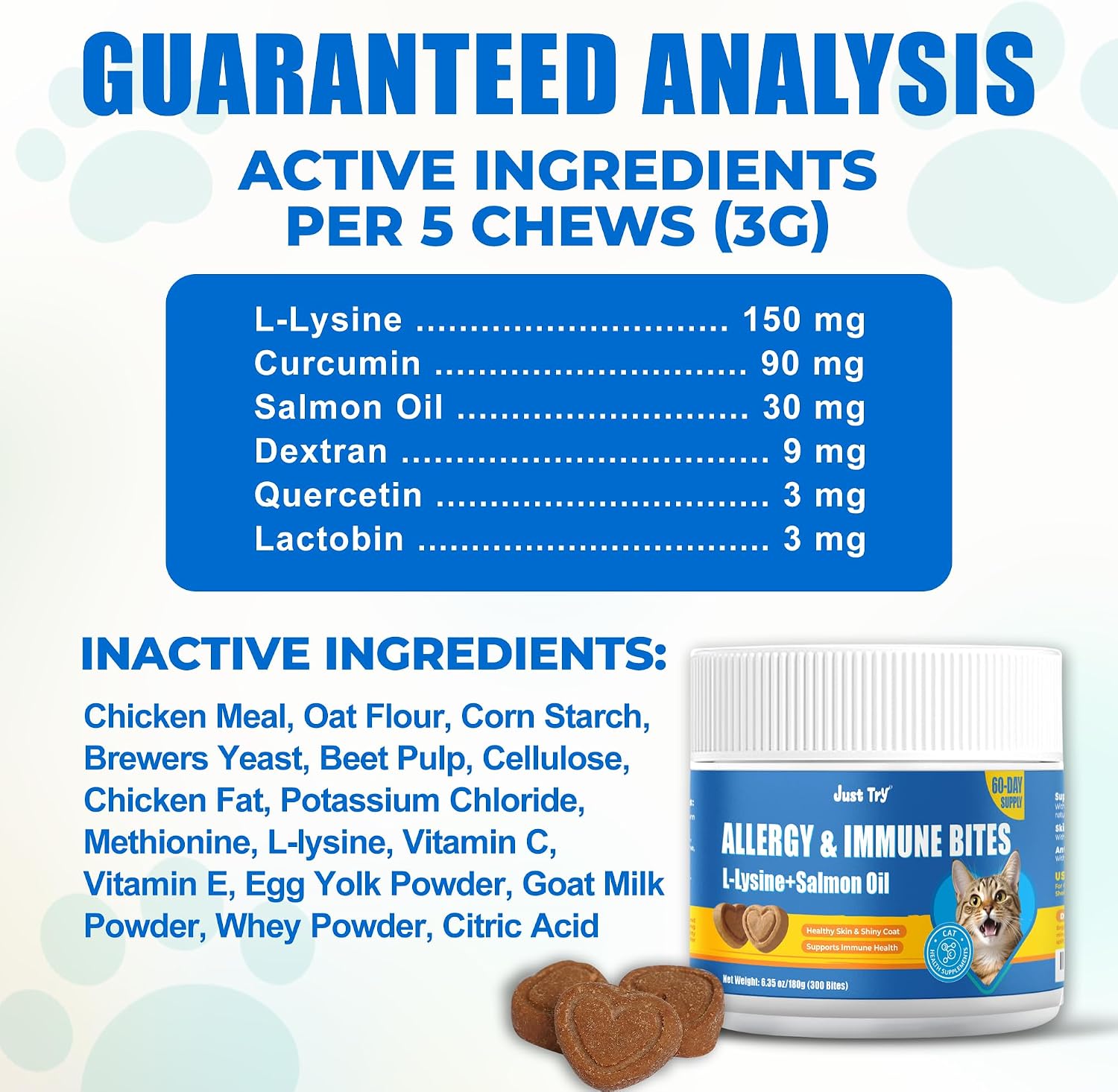 JUSTTRY Cat Allergy & Immune Bites Cat Supplements – Chicken Flavor with L-Lysine For Cats for Itchy Skin Relief & Immune Support, 6.35oz, 300 BitesCat Supplements